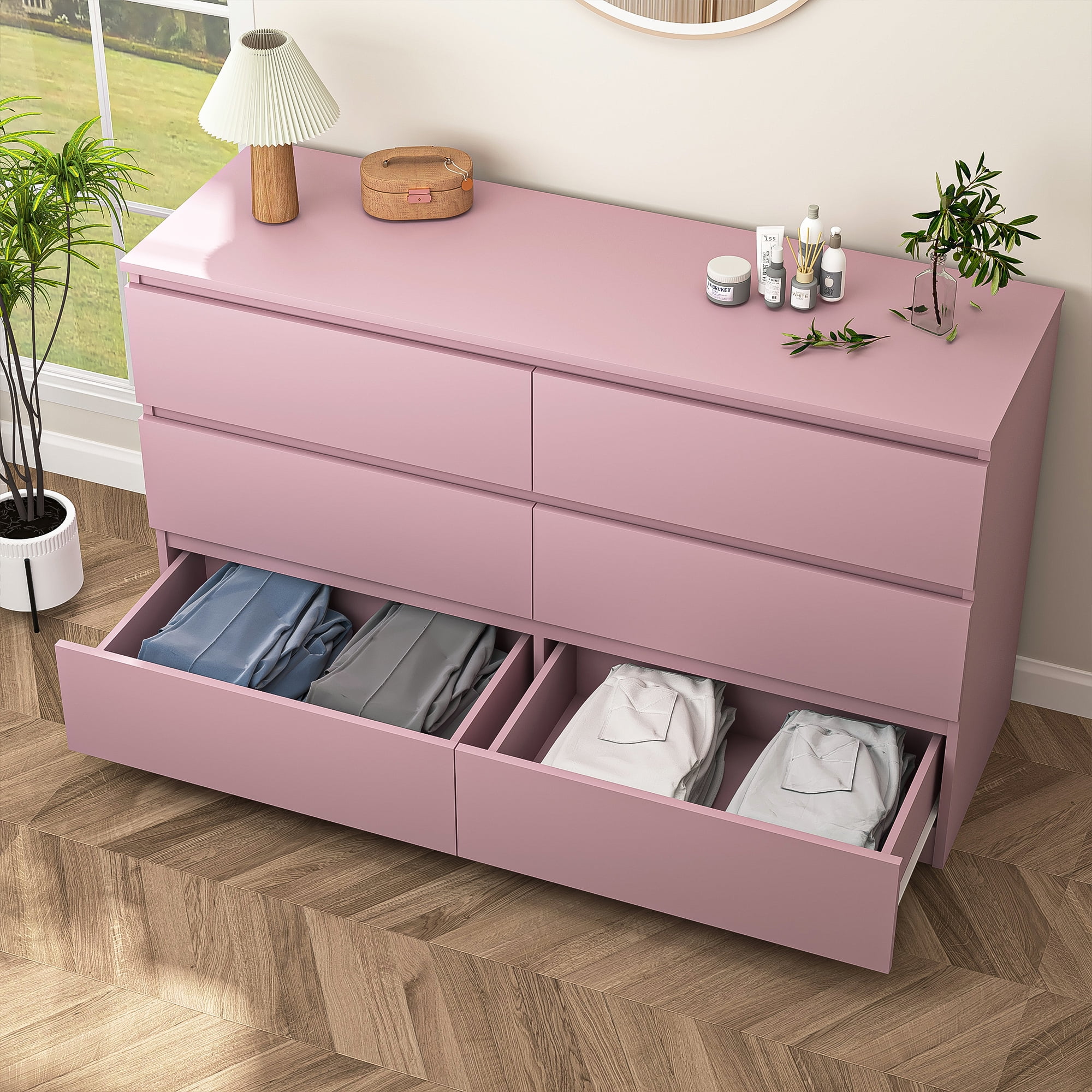 YYAo Particle Board 6 Drawer Dresser, Large Modern Chest of 6 Drawers Night Table, Storage Cabinet for Bedroom, Closet, Living Room, Pink YYAo Particle Board 6 Drawer Dresser, Large Modern Chest of 6 Drawers Night Table, Storage Cabinet for Bedroom, Closet, Living Room, Pink
