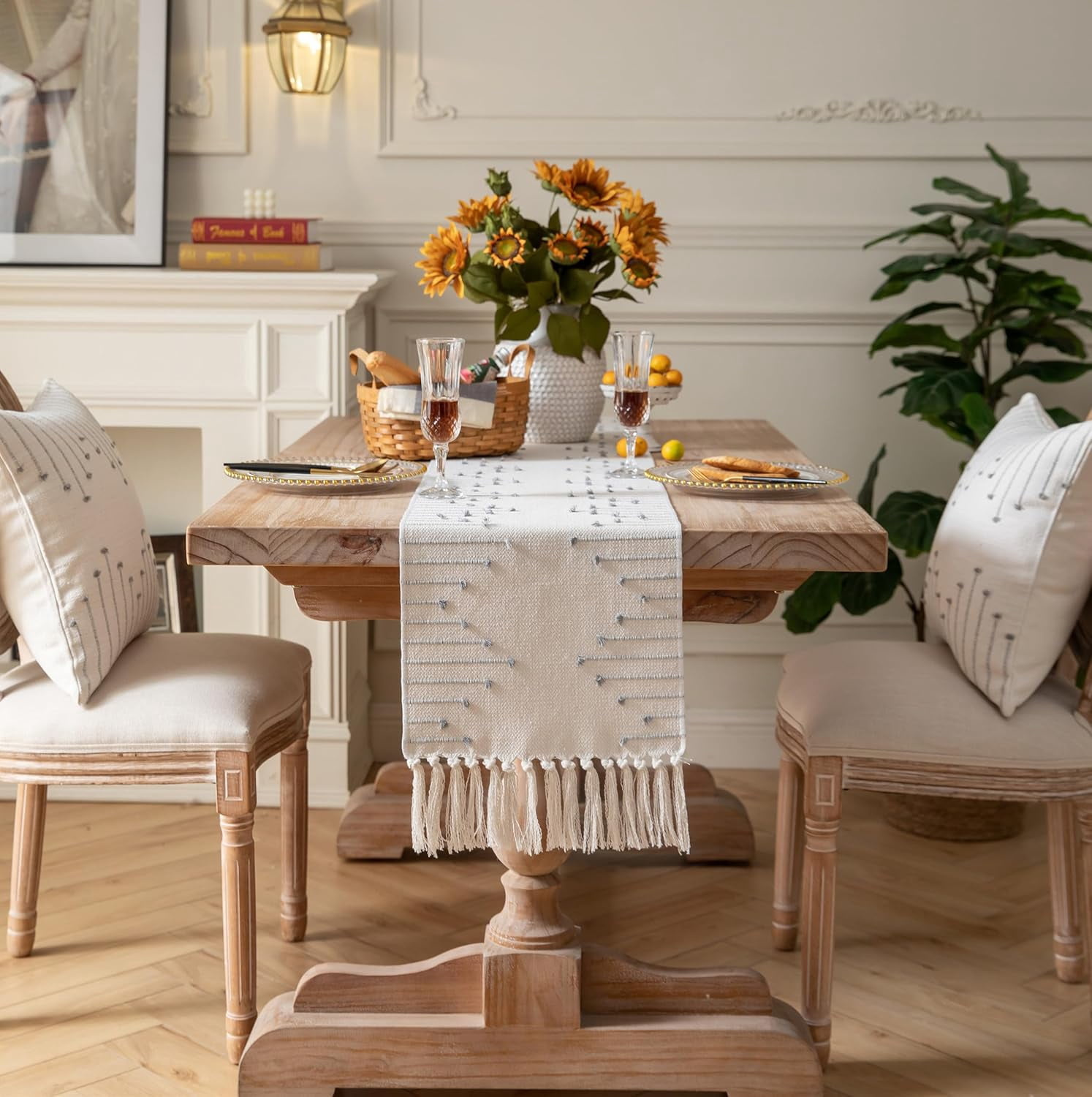 Boho Table Runner 13 x 90 Inch Long Natural Cotton Woven Runner with Tassels for Home Dining Table décor, for Modern Farmhouse Decor Coffee Table Runner, Taupe and Beige