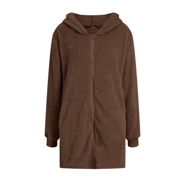 Cárdigan de Larga con Capucha y Cremallera para Mujer, Chaqueta Holgada de Felpa, Chaqueta de Felpa para Mujer Marrón Oscuro L