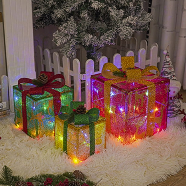 Juego de 3 cajas de regalo decorativas con luces navideñas | Decoración navideña LED multicolor con luces blancas cálidas | Cajas de decoración navideña para interiores con control remoto | Ideal