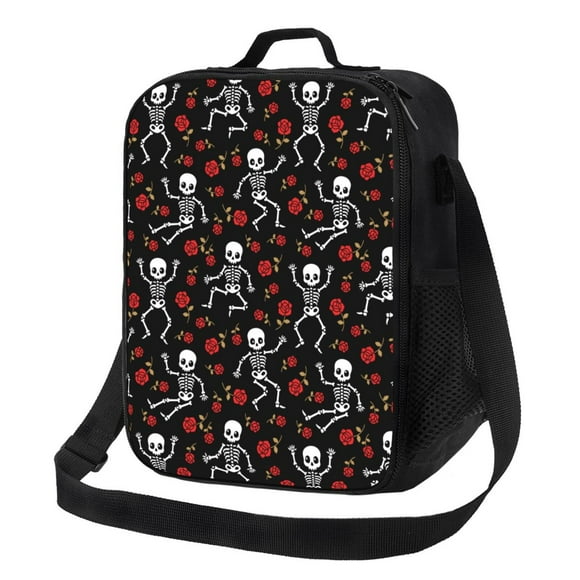 Gaeub Skeleton with Roses print Lunch Box Large capacity Lunch Bag Leakproof Cooler Tote Bag Organizer with Adjustable Shoulder Strap