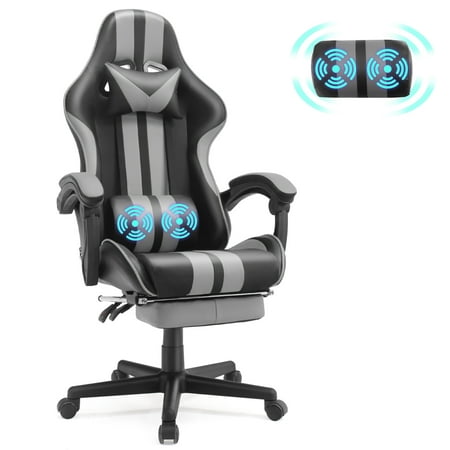 Ferghana Gaming Chair Office Chair, Massage Game Gamer Chairs with Footrest & Headrest & Lumbar Pillow, Reclining Swivel Leather Chairs, Grey