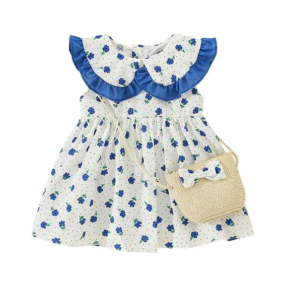 Odeerbi Girls Floral Tank Dress Toddler Girls Clothes Summer Out Lace Doll Collar Bow Sleeveless Floral Dress With Hat Blue 3-4 Years