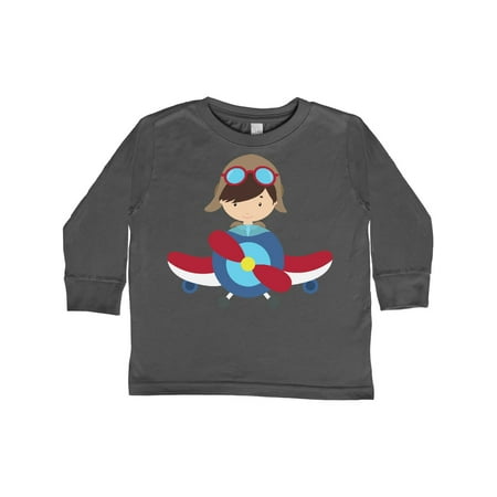 

Inktastic Pilot Boy Boy With Brown Hair Boy In Airplane Gift Toddler Boy Girl Long Sleeve T-Shirt