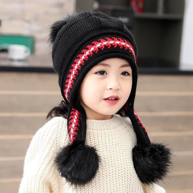 RXIRUCGD Children Winter Printing Warmth Plush Protection Thick Hats( Black )