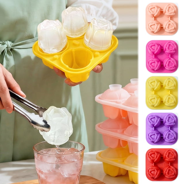 Moldes De Silicona Para Cubitos De Hielo Bandeja de silicona con forma de flor de color rojo rosa,molde de una pieza para helados y paletas. Rkxzt