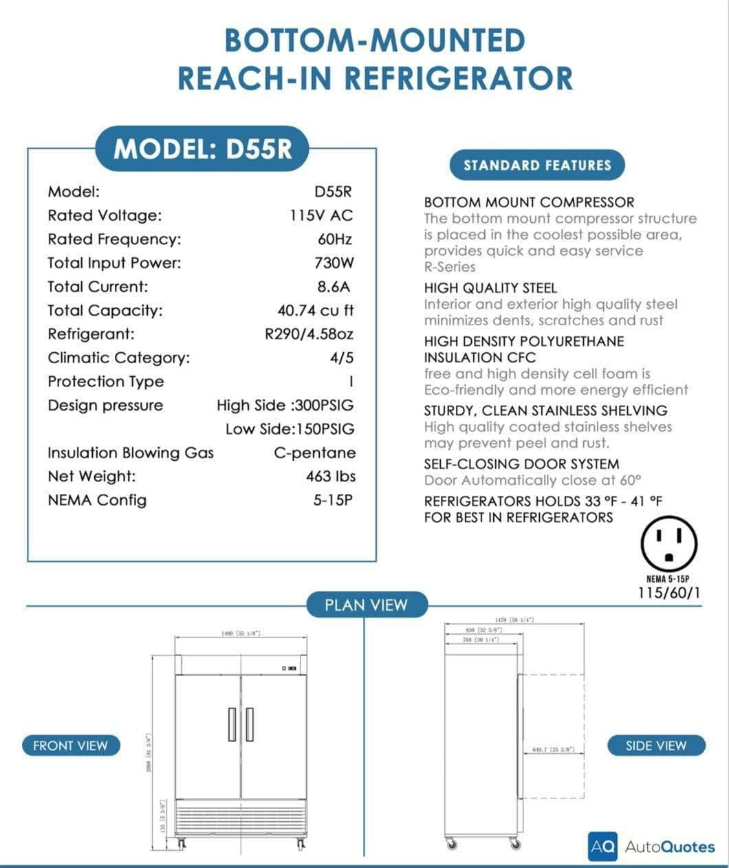 Dukers - D55R 2-Door Commercial Refrigerator in Stainless Steel