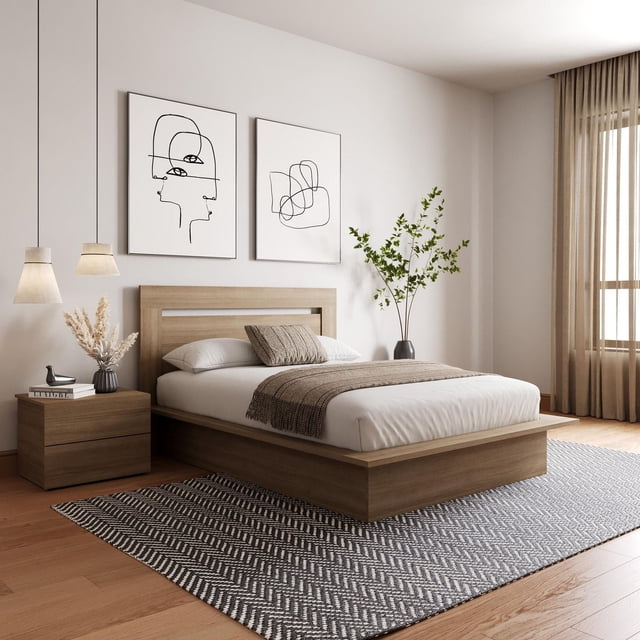 Nexera Malibu 3-piece bedroom set with light wood finish including platform bed, matching nightstand with two drawers beside the bed in a bright room.