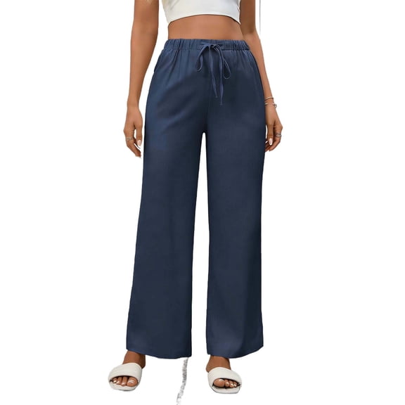 BUIGTTKLOP Womens Cotton Linen Pants Drawstring High Waisted Palazzo Pants Wide Leg Loose Fitted Beach Trousers