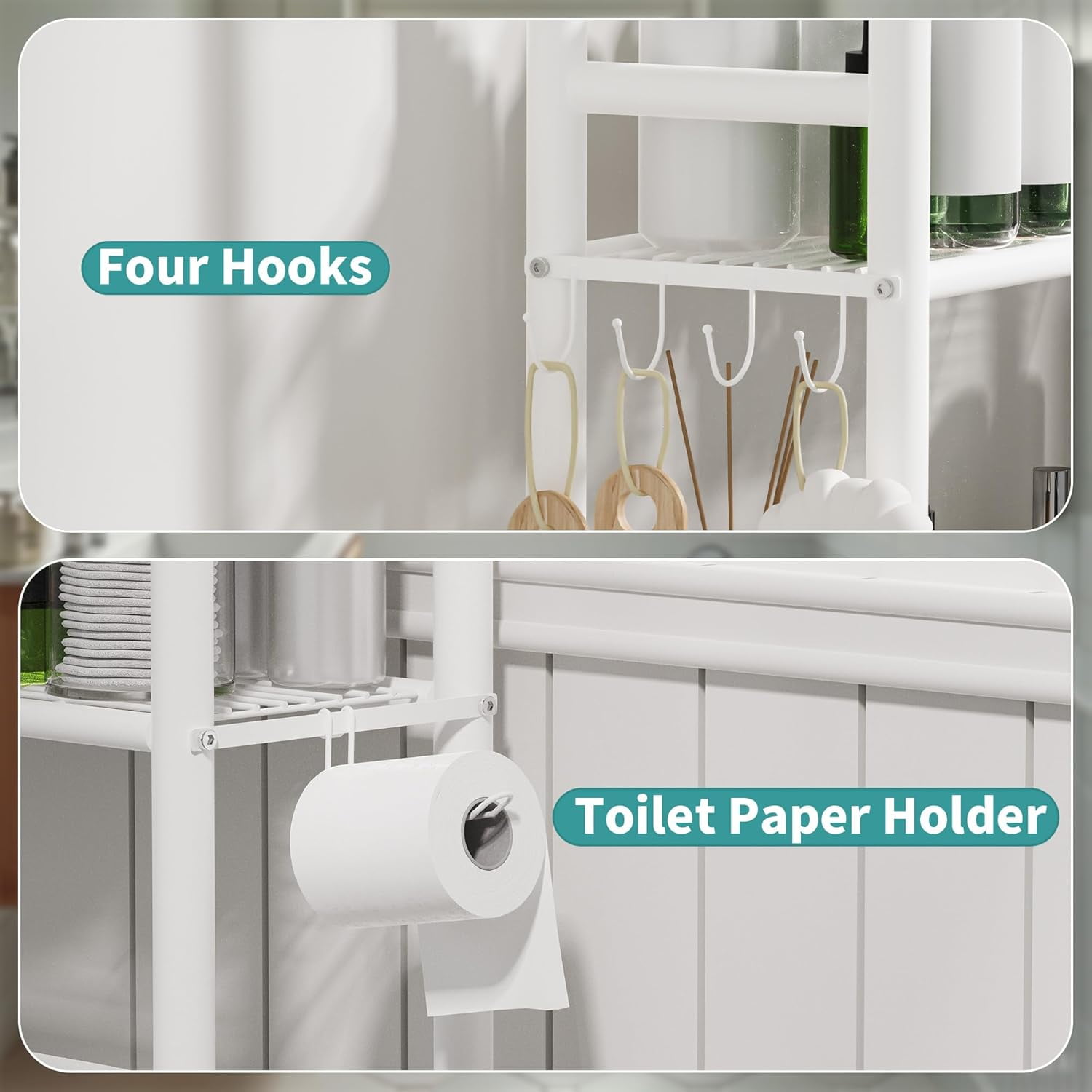 3-Tier Over The Toilet Storage with Paper Holder, Metal Bathroom Organizers and Storage for Small Space, Freestanding Bathroom Shelves with 4 Hooks, Above The Toilet Storage Shelf, Black