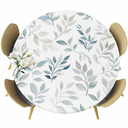 Round Fitted Tablecloth Country Botanical Green Blue Circle Table Cover Waterproof Table Cloth with Elastic Edge Ombre Watercolor Leaves Outdoor Tablecloths for Kitchen Picnic 55-60in