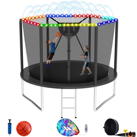 XMIKA Trampoline for Kids and Adults, 10FT 12FT 16FT 14FT Outdoor Trampolines with Enclosure Net, Basketball Hoop, Ladder, Light, Sprinkler, Backyard Recreational Trampoline, Easy to Install