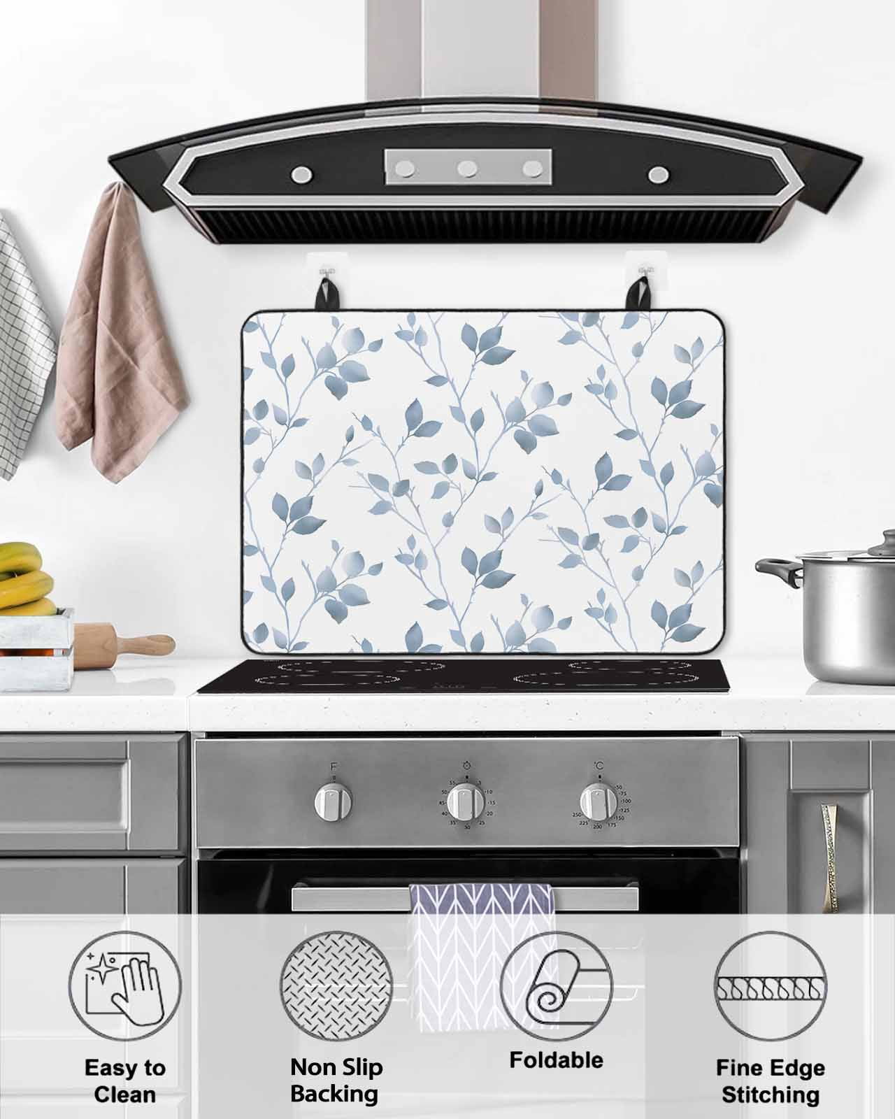 nqOlkjepod Large Induction Cooktop Protector Mat 24"x21", Blue Branches Leaves Stove Top Covers for Electric Stove, Spring Botanical Pastoral Stove Burner Cover Mats, Glass Top Stove Cover