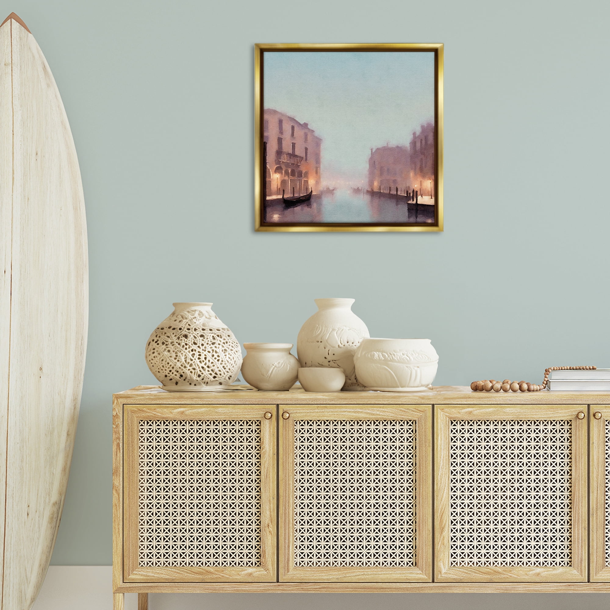 Stupell Industries Lights In Misty Canal Buildings & Architecture Painting Gold Floater Framed Canvas Art Print Wall Art, 25 x 25