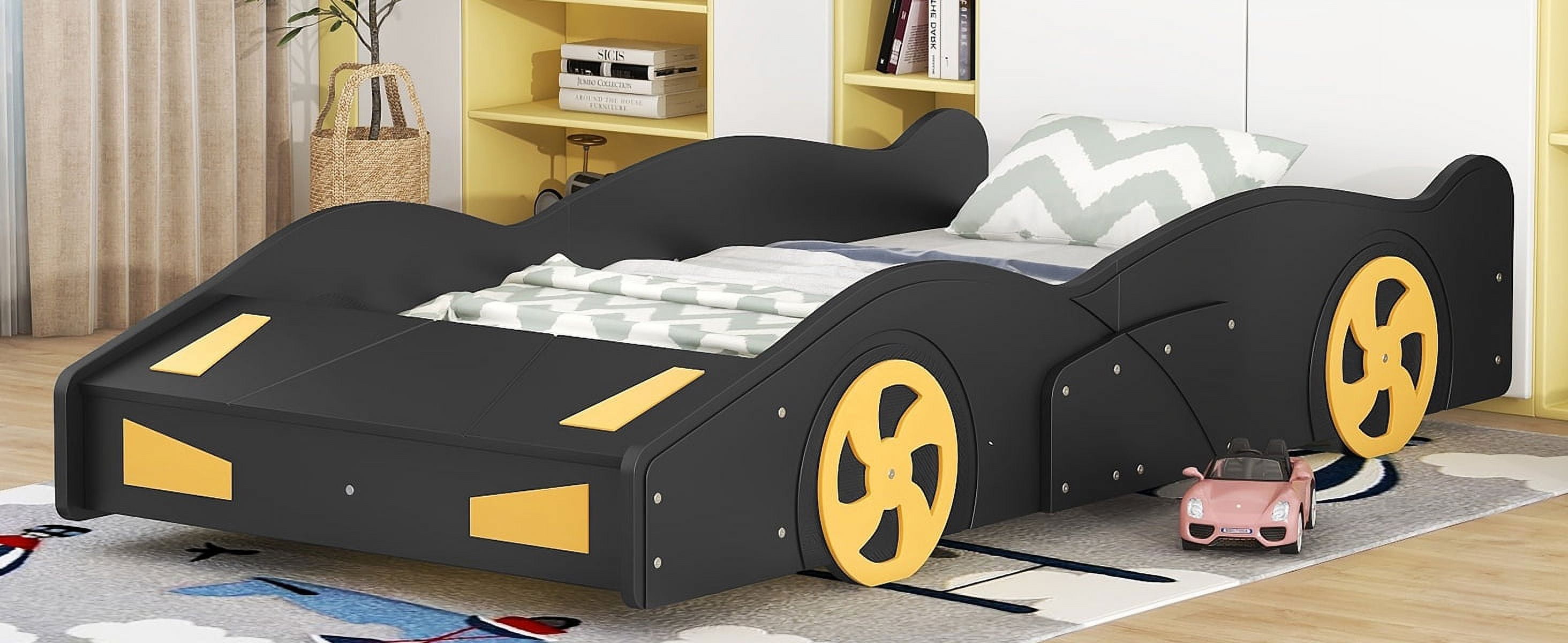 imerelez Twin Size Race Car-Shaped Platform Bed with Wheels and Storage, Black+Yellow