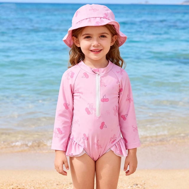 Odeerbi Traje de Baño de Una Sola Pieza de Manga Larga Para Niñas 6M-3Y Rash Guard Con Gorra de Baño Ruffle Lindo Upf 50 + Protección Solar Traje de Baño Seco Rápido