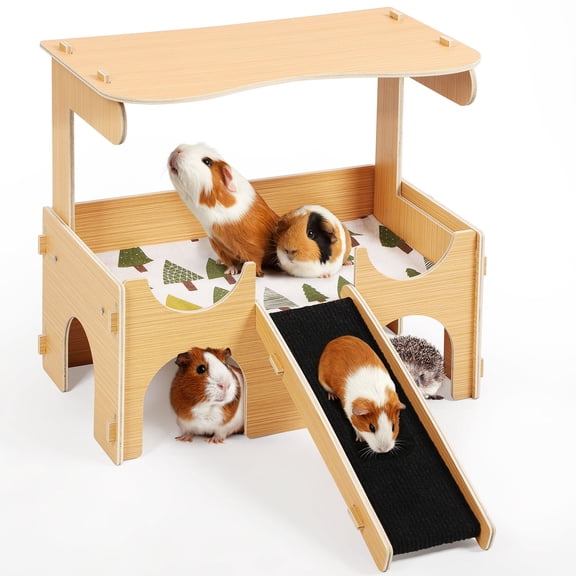BTY Upgraded double-layer small pet house, wooden hamster hiding place with slide, cave style hamster house, anti slip mat and fence, suitable for hamsters, guinea pigs, rabbits and hedgehogs