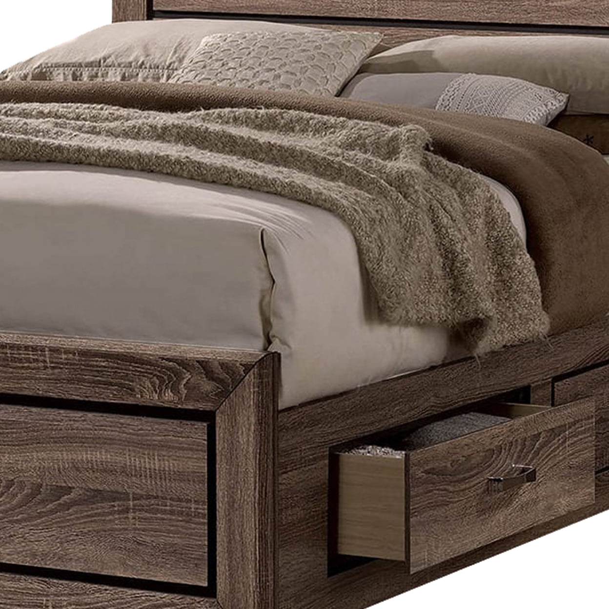 Wooden Queen Size Bed with 4 Spacious Side Rail Drawers Brown - Saltoro Sherpi