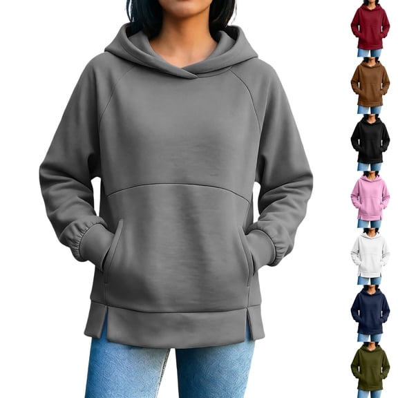 Falkdiz Winter Sweatshirts for Women Loose Hooded Pullover Pocket Workout Casual Travel Solid Color Womens Hoodies Long Sleeve