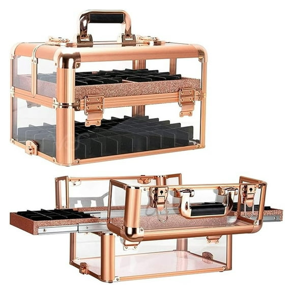 Professional Armored Clear Acrylic Makeup Nail Tech Case with 2 Sliding Trays and Removable Dividers for Nail Polish Organizer Lockable Portable Travel Cosmetic Aluminum Case (Rose )