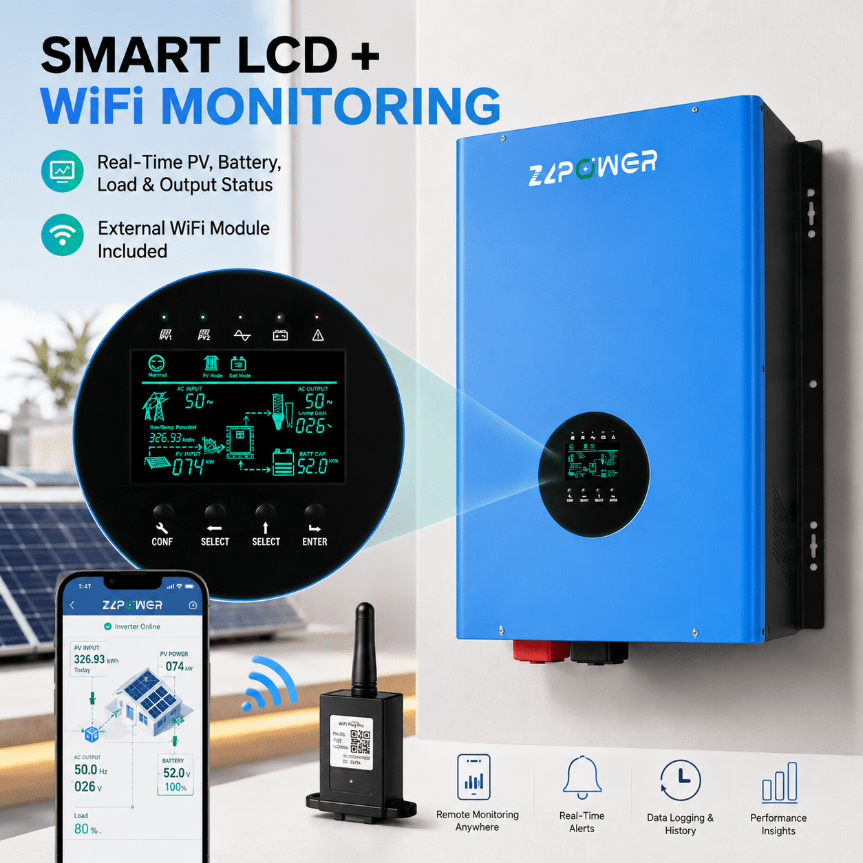 ZLPOWER 8000W 48V Hybrid Solar Inverter – 24000W Surge, Dual MPPT, UL1741 Certified, 120/240V Split-Phase Pure Sine Wave for Home & Business Backup