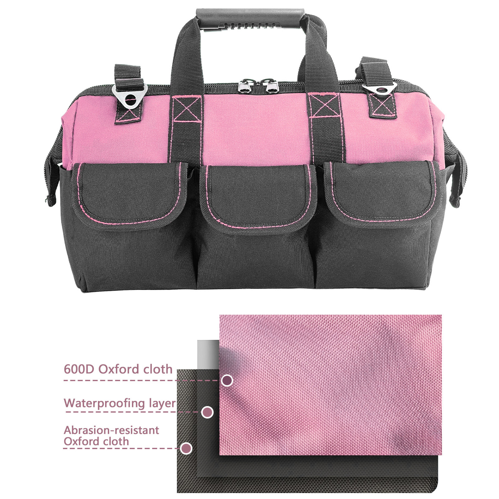 Yongzhenlite Garden Tools Bag, 16 Inch Wide Mouth Tool Tote with Molded Base and Multi-Pockets for Men, Heavy Duty 600D Polyester Fabric (Pink Color)