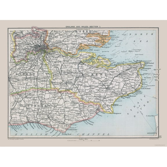 Historic Map - Southeastern England - Bartholomew 1892 - 30.31 x 23 - Vintage Wall Art