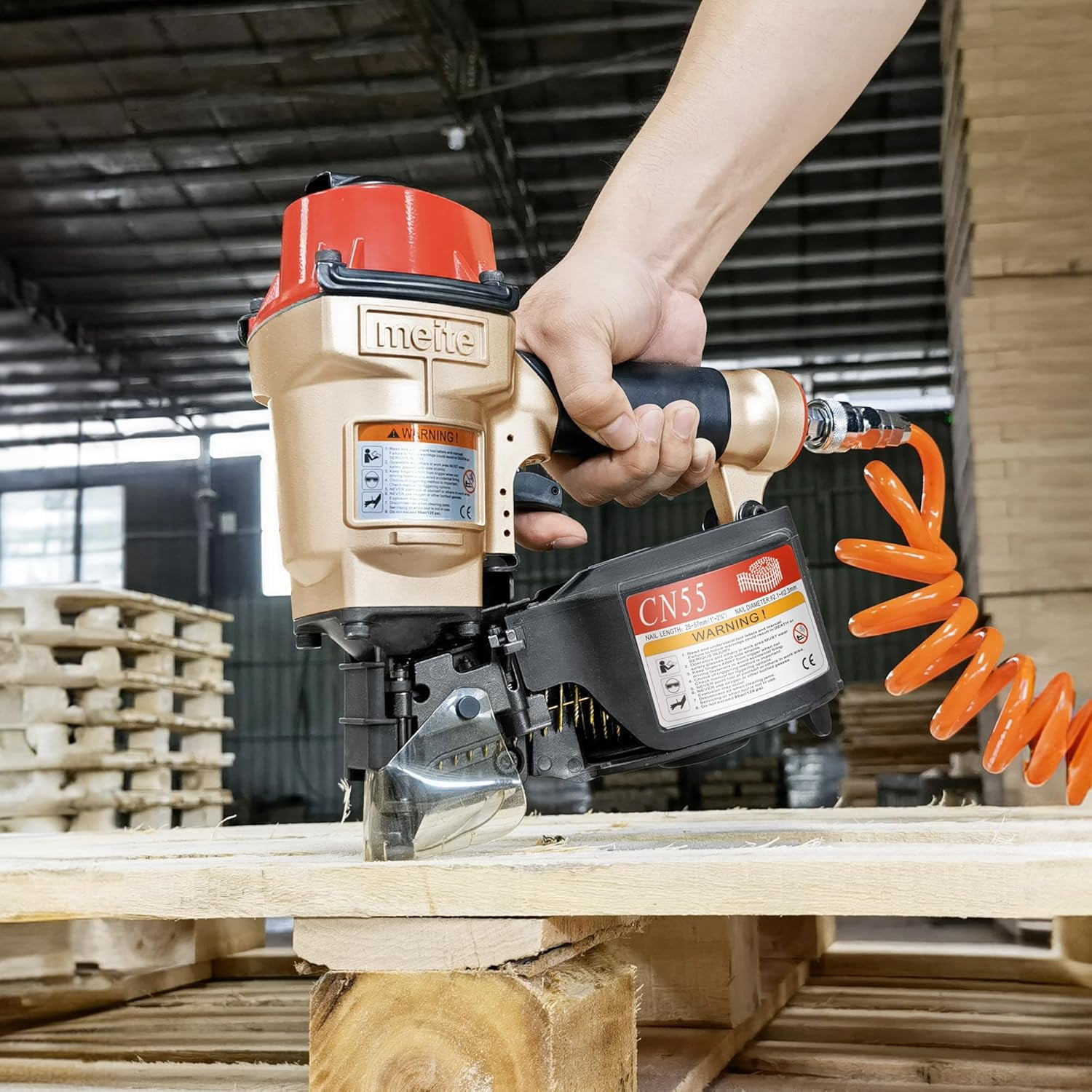 meite Pneumatic Coil Nail Gun CN55, Drives 15 Degree 1" to 2-1/4" Length Coil Nails, for Wooden Projects, Pallets, Siding, Fencing