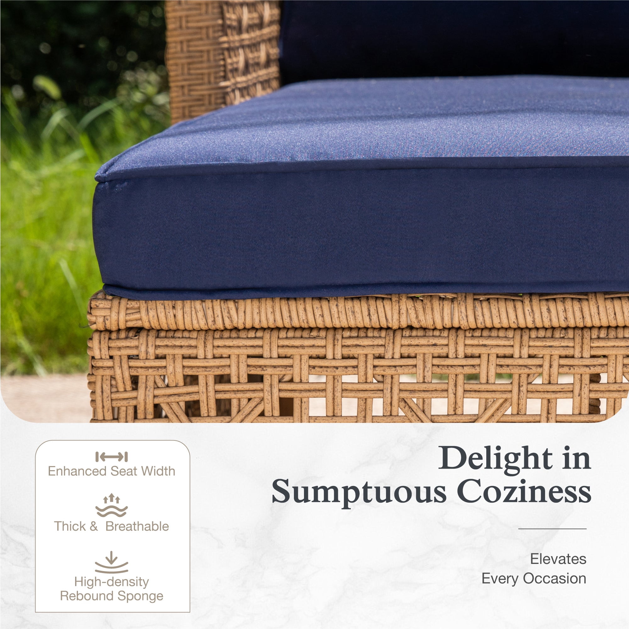 Alpha Joy 3 Pieces Wicker Patio Furniture Conversation Set Boho Style Outdoor Sofa with Coffee Table and Navy Blue Cuchions