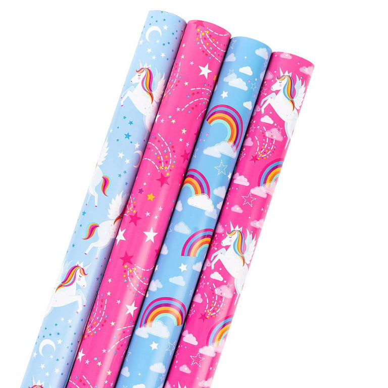 Gift Wrapping Paper Roll with 4 Design - Unicorn with Clouds and Moon/  Rainbow/ Star Print for All Occasion - 40 x 120 inch x 4 Rolls 