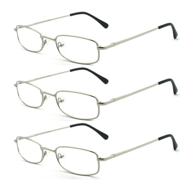 EYEZOOM 3 Pack Classic Spring Hinged Rectangular Metal Reading Glasses for Men and Women