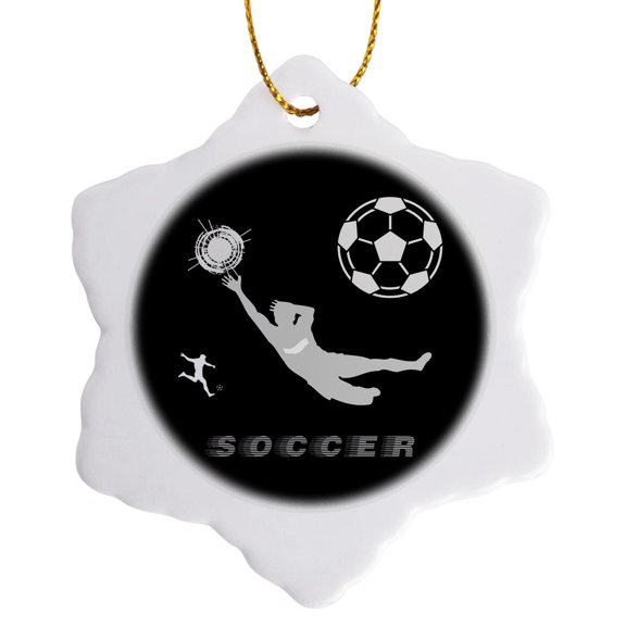 3drose, Football, Soccer. Goalkeeper, Sun. Grey Sign Soccer. White on Black, 3 inch Snowflake Porcelain Ornament