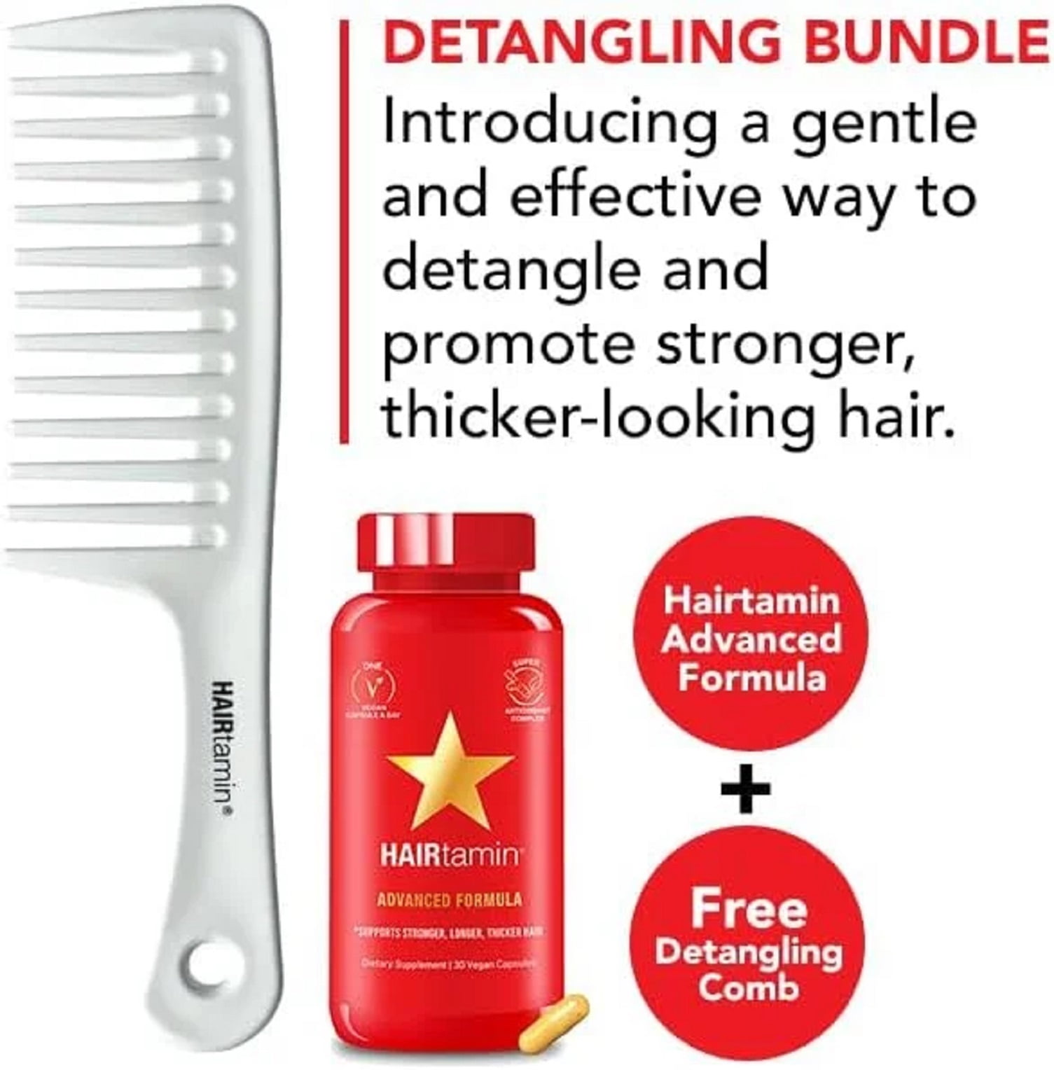 HAIRtamin Advanced Formula Biotin Vegan Capsules with Detangling Comb for Hair Growth, 30 Count