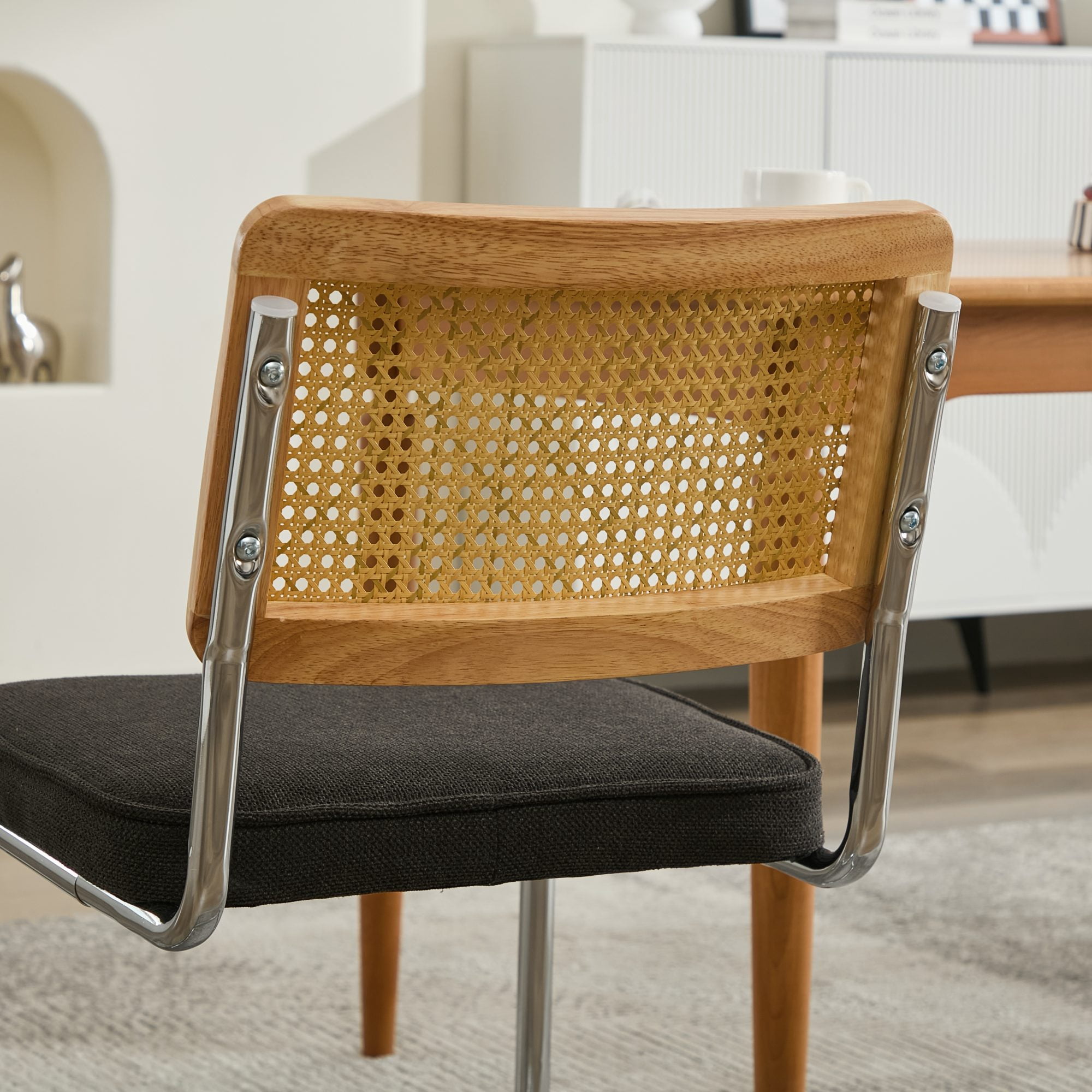 Mid Century Modern Dining Chairs Set of 2, Linen Cantilever Chairs with Woven Rattan Back & Chrome Base, Flexible 360 lbs Capacity, Black