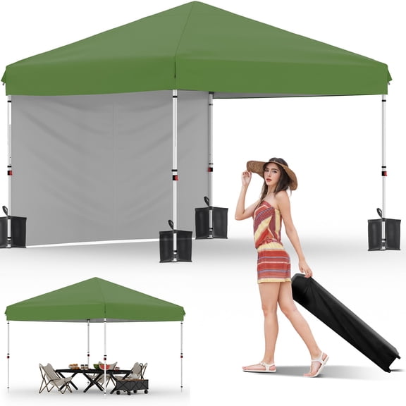 10x10 Pop Up Canopy Tent with 1 Removable Sidewall, Heavy Duty Commercial Instant Shelter with One-Person Setup, UPF 50 & Waterproof, 100 Sq Ft Shade for Outdoor Events Camping Farmers Market