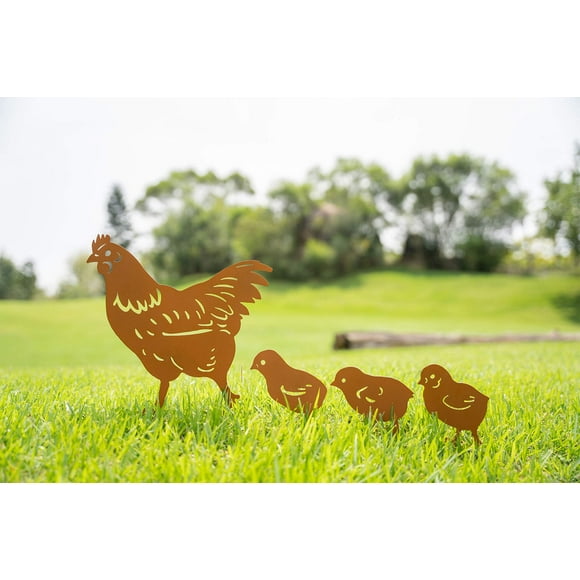 Chicken Yard Art Metal Stakes - Mother Hen with Chicks Outdoor