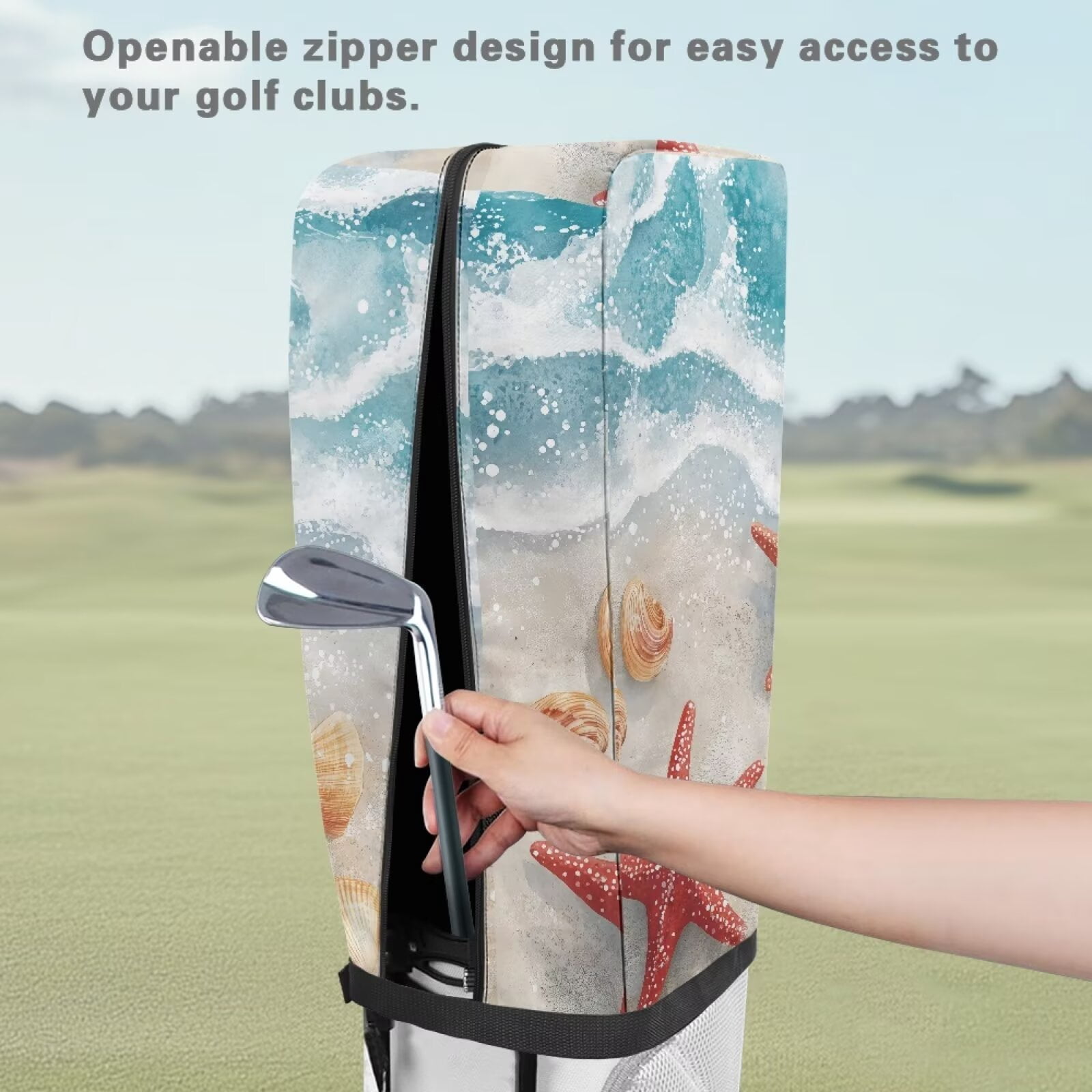 Chririnla Beach Starfish Hood Golf Bag Cover Dust & Sun Protection for Clubs with Snap Button Fits Most Stand Bags, Cart Bags & Carry Bags