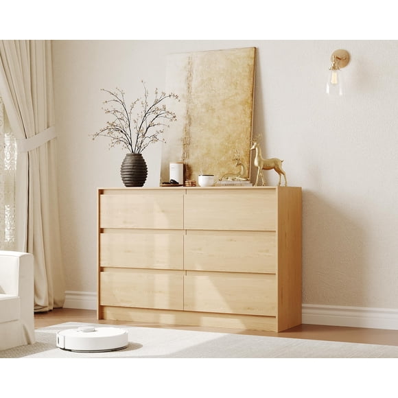 Farmhouse 6 Drawer Dresser, 47 Inch Wide Chest of Drawers, Handle-less Design Natural Oak Wooden Organizer Cabinet for Bedroom, Living Room, TV Stand(Brown)
