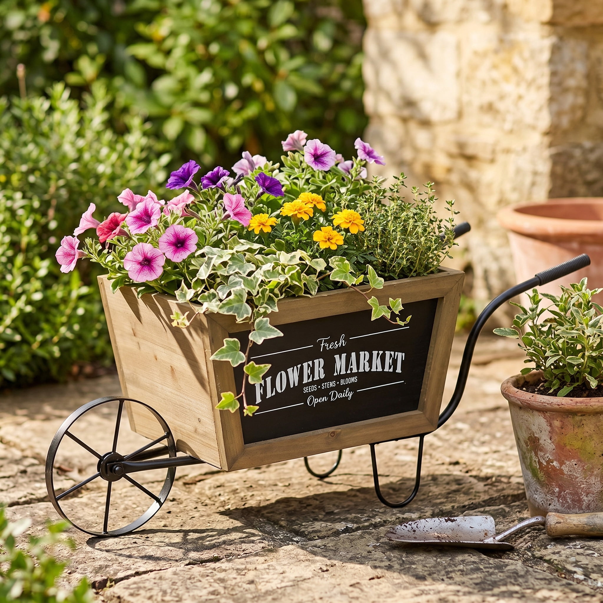 Farmhouse Flower Market Wheelbarrow Planter 19.5x8x8.5 Inch Black Metal Frame for Tabletop Kitchen Counter