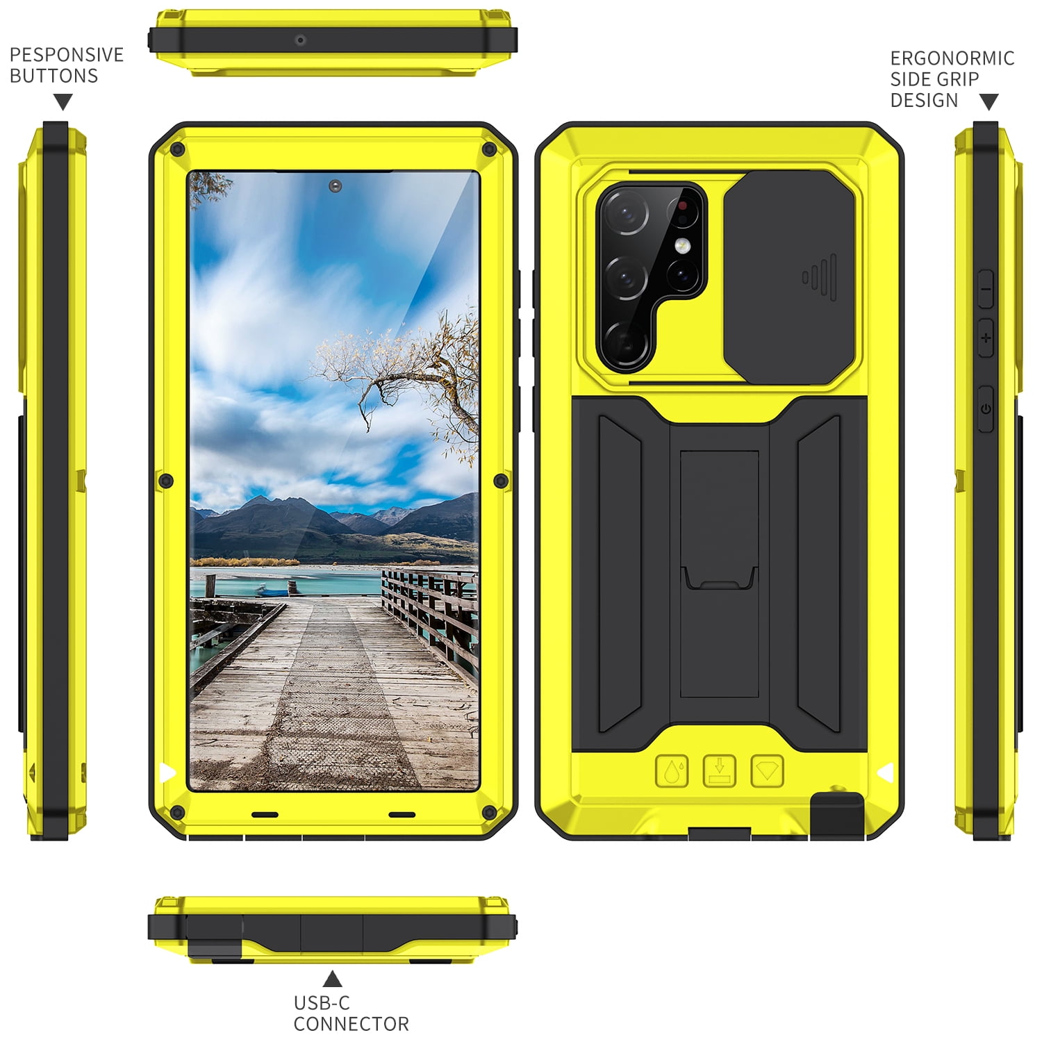 Case for Samsung Galaxy S23 Ultra,Decase Military Grade Shockproof Phone Case Built-in Front Screen Protector Heavy Duty Slide Camera Cover Magnetic Full Body Protective Stand Case - Yellow