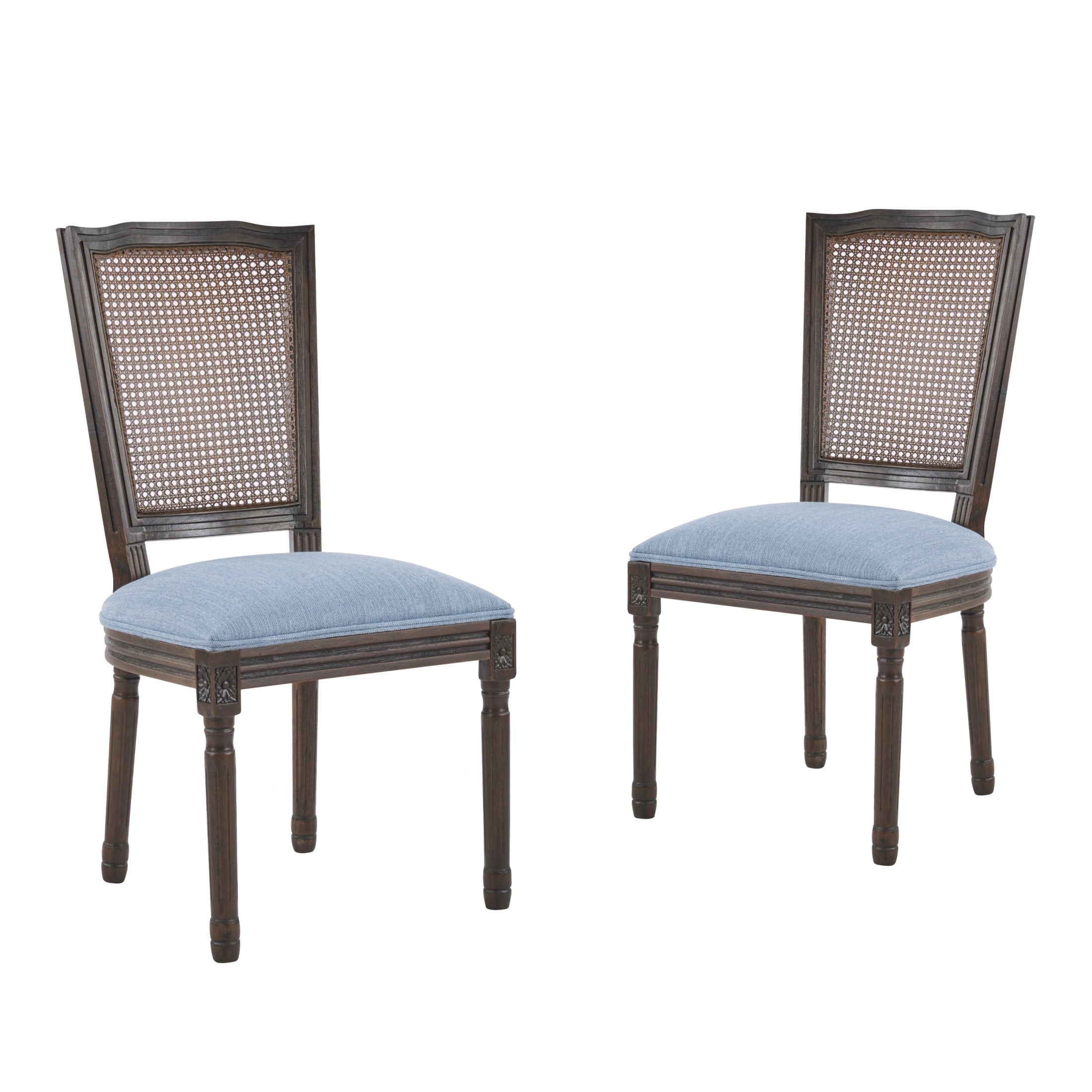 Christopher Knight Home Set of 2 French Country Dining Chairs with Rattan Cane Back, Dark Walnut+Slate Blue