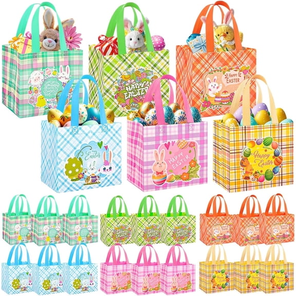 18 Pack Easter Gift Bags with Handles,Medium Easter Non woven Bags 8.3 x 7.8 x 6 in,Easter Egg Hunt Bags for Gifts Wrapping,Easter Party Supplies
