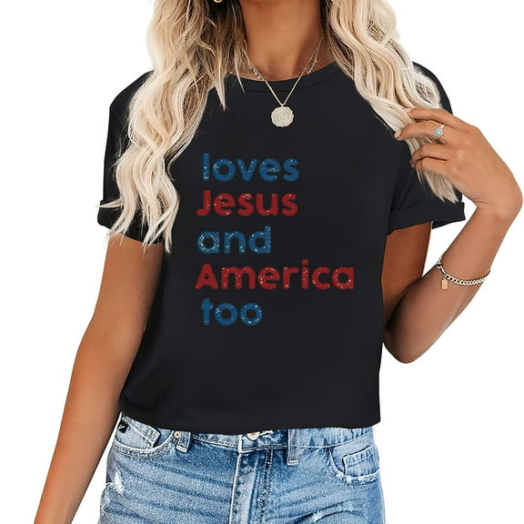 Loves Jesus and America Too Shirt for Womens Patriotic Graphic Crewneck Tops 4th of July Short Sleeve Tees