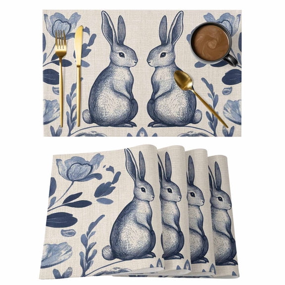 Easter Rabbits Placemats Set of 12, Cute Blue Bunny Watercolor Boho Floral Leaf Linen Texture Non-Slip Place Mats Washable Table Mats for Kitchen Dining Table Decorations Indoor/Outdoor