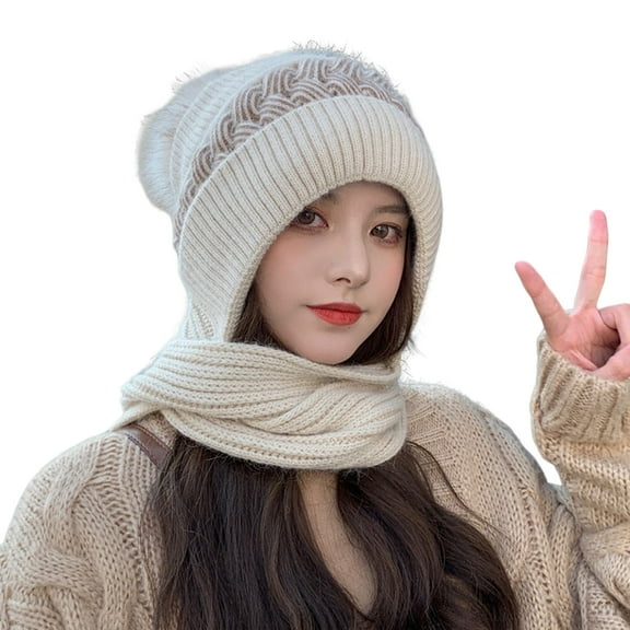 UDIYO Knitted Hat 2 in 1 Pompom Contrast Color Stripes Stretchy Thickened Ears Protection Soft Windproof Winter Women Beanie Cap Scarf for Outdoor