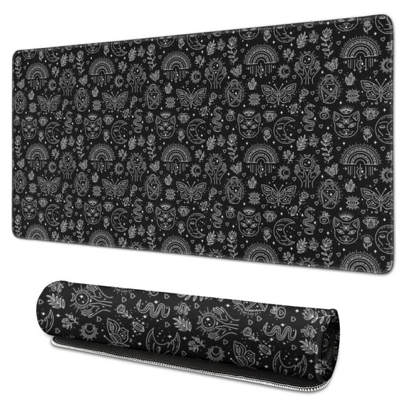Long Mouse Pads for Desk,Black Gothic Cat Butterfly Rainbow Desk Mats on Top Of Desks, Desk Mouse Pad Extra Large with 3mm Non-Slip Base and Stitched Edge for Gaming,Work,Home 31.5"x15.7"