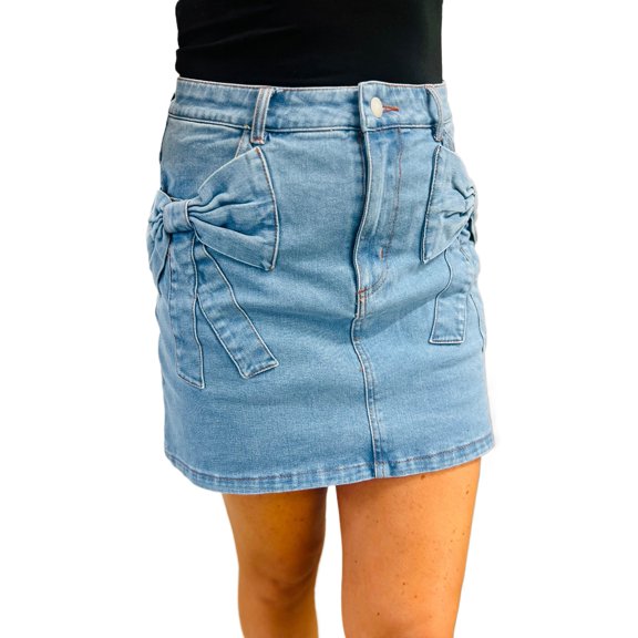 Chic Women's Dusk Blue Acid Wash High Waist Denim Skirt with Bowknot Pockets | [ZhiHiMeRi] | (US 12-14)L