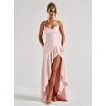 thumbnail image 2 of Women'S V-Neck Sleeveless Satin Ruffle Hem Tight Long Casual Open Back High Slit Cocktail Dress Pink XL, 2 of 8