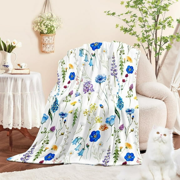 Floral Throw Blanket for Girls Women Blue Soft Fuzzy Flannel Bed Blanket for Adults Plush Watercolor Flowers Christmas Birthday Gifts,50x60”
