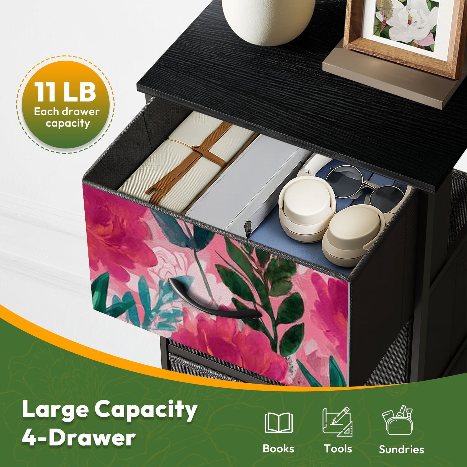 4 Drawer Vertical Storage Dresser Watercolor spring floral bouquets Vintage botanical with Wood Top Fabric Pull Drawers